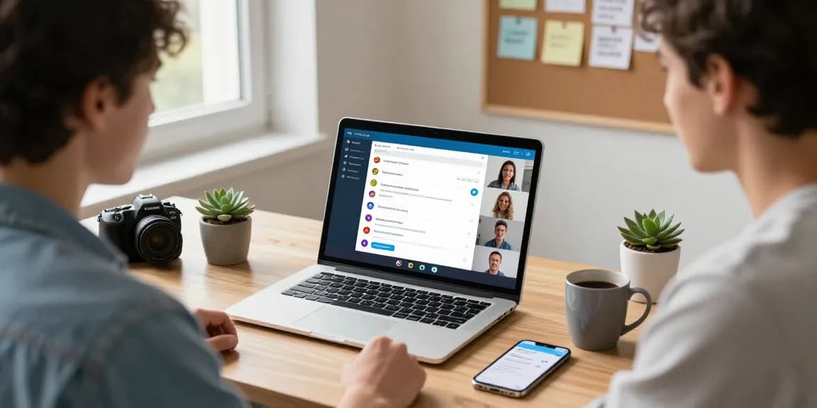 Engaged user accessing Telegram Web Version on laptop, showcasing a modern workspace with tech gadgets.