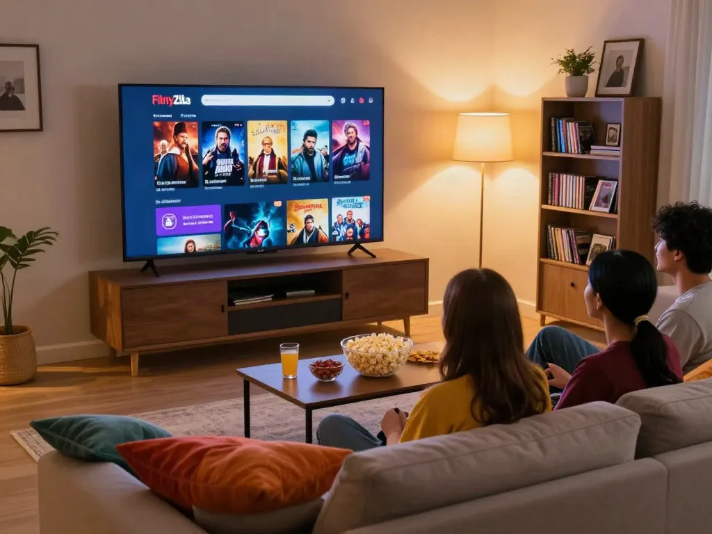 Friends enjoying movies on a smart TV displaying FilmyZilla official site in a cozy living room.
