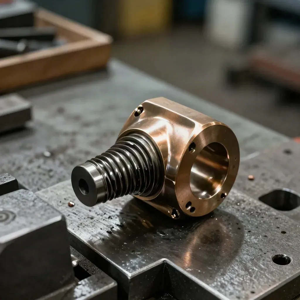 Bronze flange after CNC machining beside a vise jaw and steel fixture plate in warm shop light.
