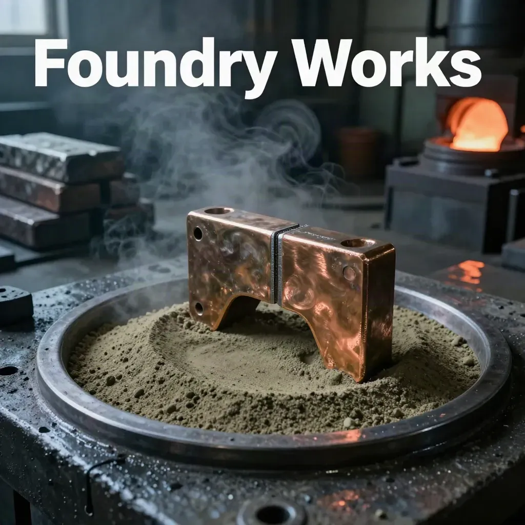 Blue-hour foundry casting bay with sand mold, bronze bracket, crucible glow, and steam