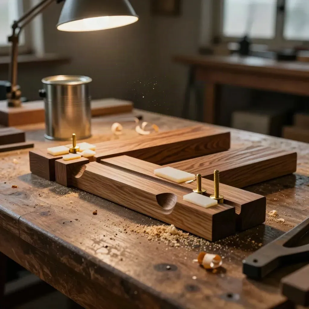 Carved hardwood patterns drying on a sawdust-covered bench beside a shellac can and brass pins.