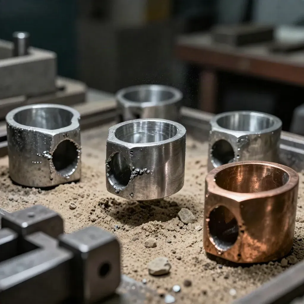 Prototype aluminum and bronze castings in a steel fixture with sand fragments and drifting dust.