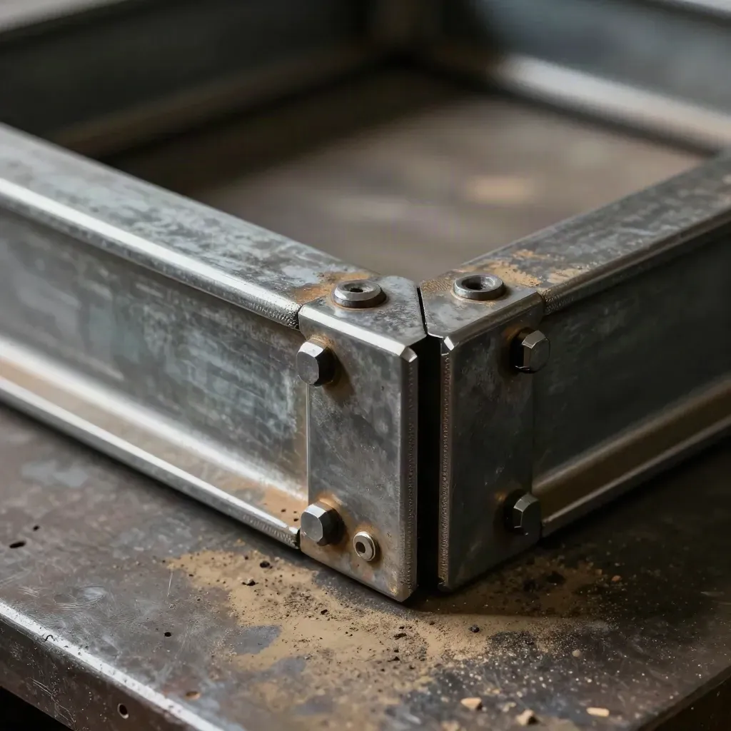 Welded steel frame corners and clamps on a scarred table, smoke and dust in the air.