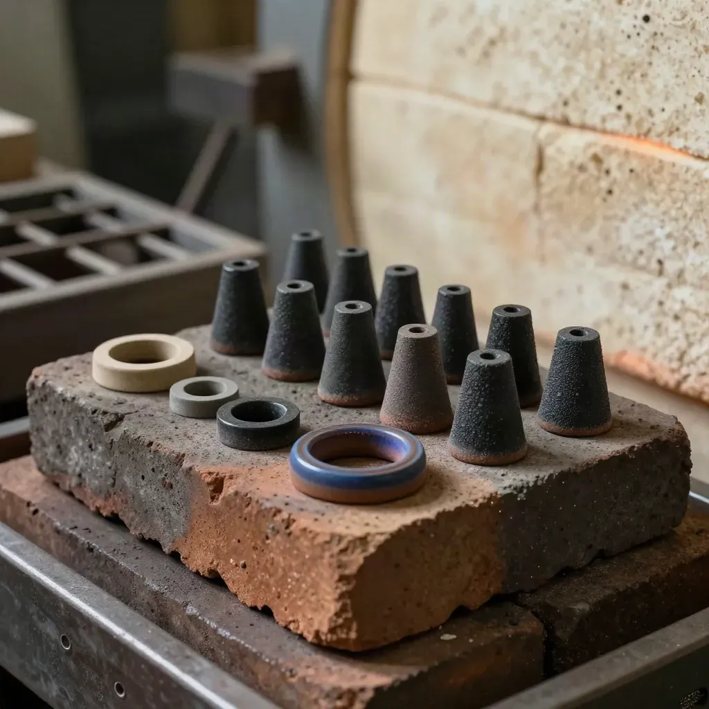 Quenched metal coupons and a heat-tint ring cooling on refractory bricks in a foundry