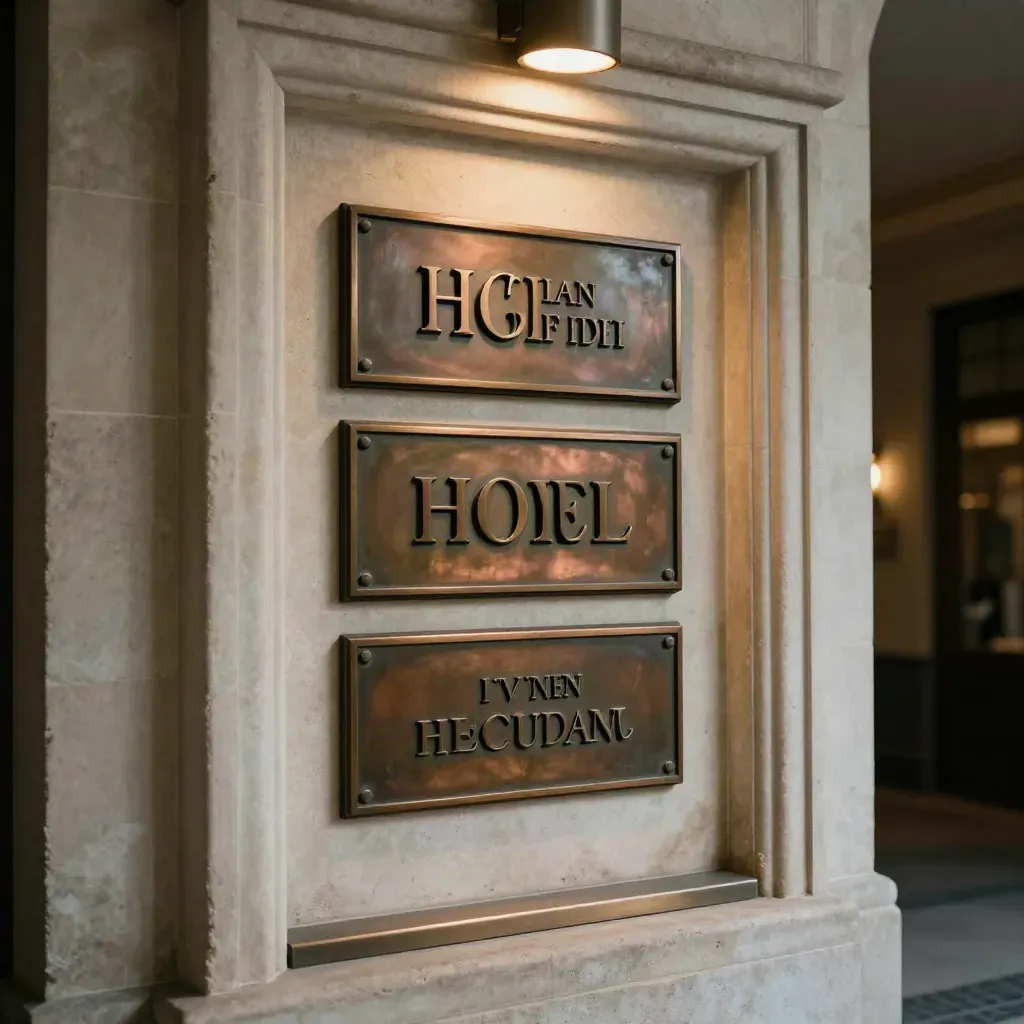 Bronze hotel wall plaques and serif letters glowing in a stone niche
