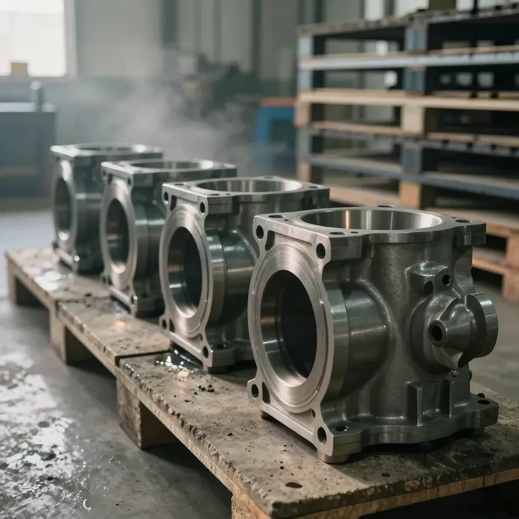 Machined pump housings lined up on a concrete pallet inside a hazy plant bay.