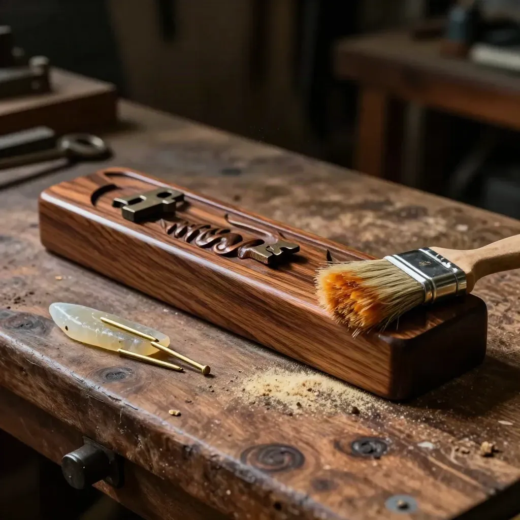 Pattern-making still life with carved hardwood, shellac brush, brass pins, and a resin fillet sample.