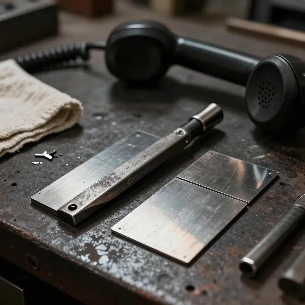 Macro still life of a steel punch, layout squares and radio handset on a foundry workbench.