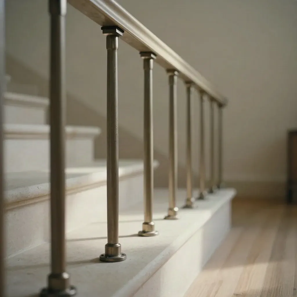Cast rail posts and handrail along a pale stone gallery stair edge in soft daylight.