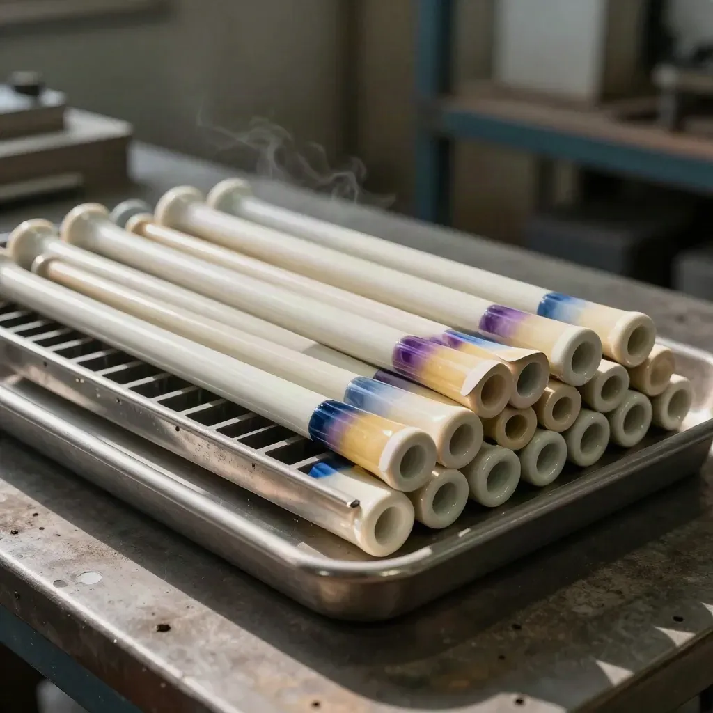 Overhead tray of pyrometer rods, heat-tint coupons and stainless sample racks in a foundry bay.