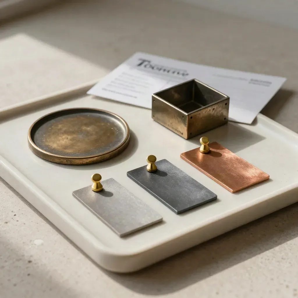 Bronze casting, sample circle, and swatches on a pale tray.