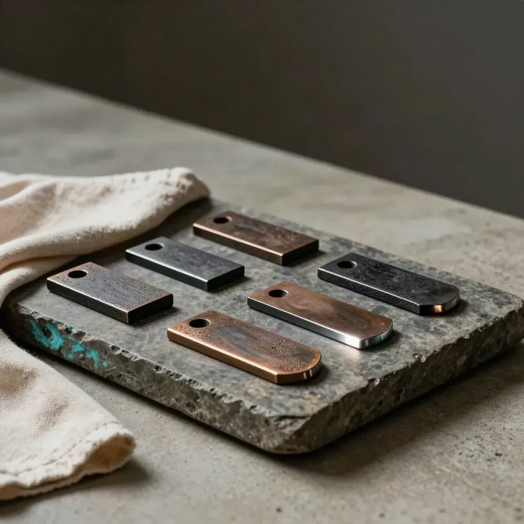 Bronze casting samples on a stone tray with cloth, quenched part and teal patina accent.