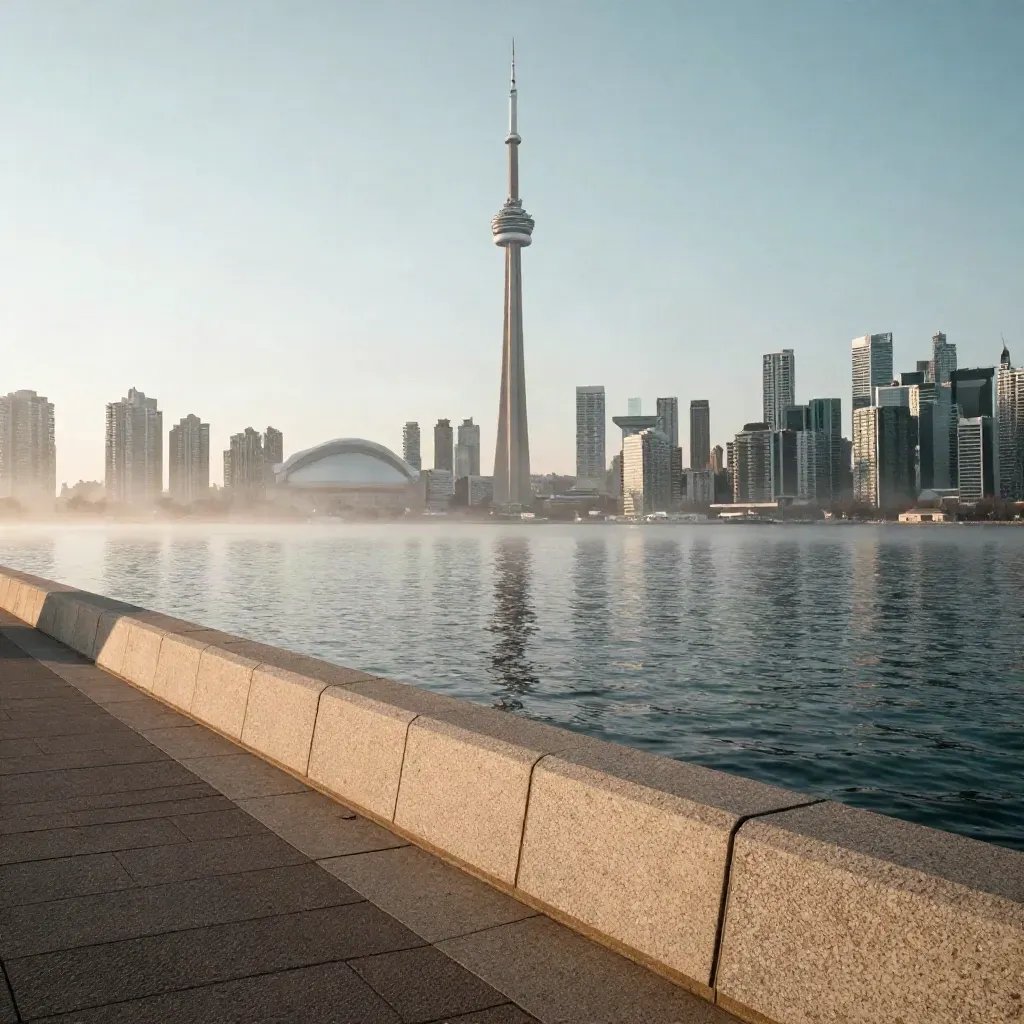 Toronto skyline and CN Tower above misty harbour water at dawn