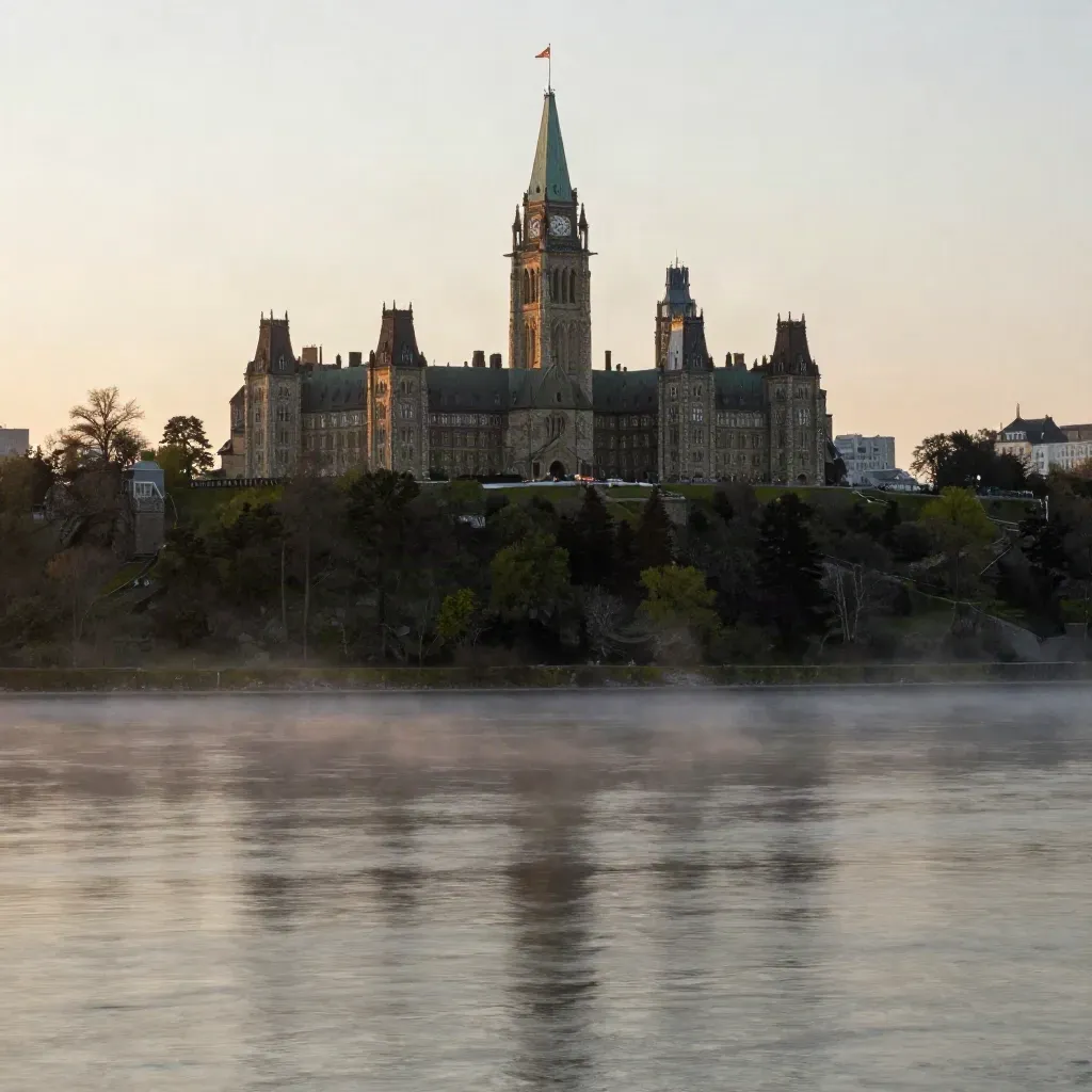Ottawa River mist at sunrise with Parliament Hill and bluffs above a calm open foreground.