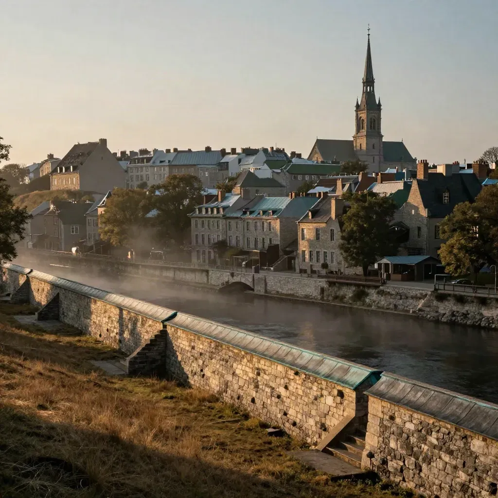 Old Quebec rooftops and a church spire glow above a hazy riverside slope at golden hour.