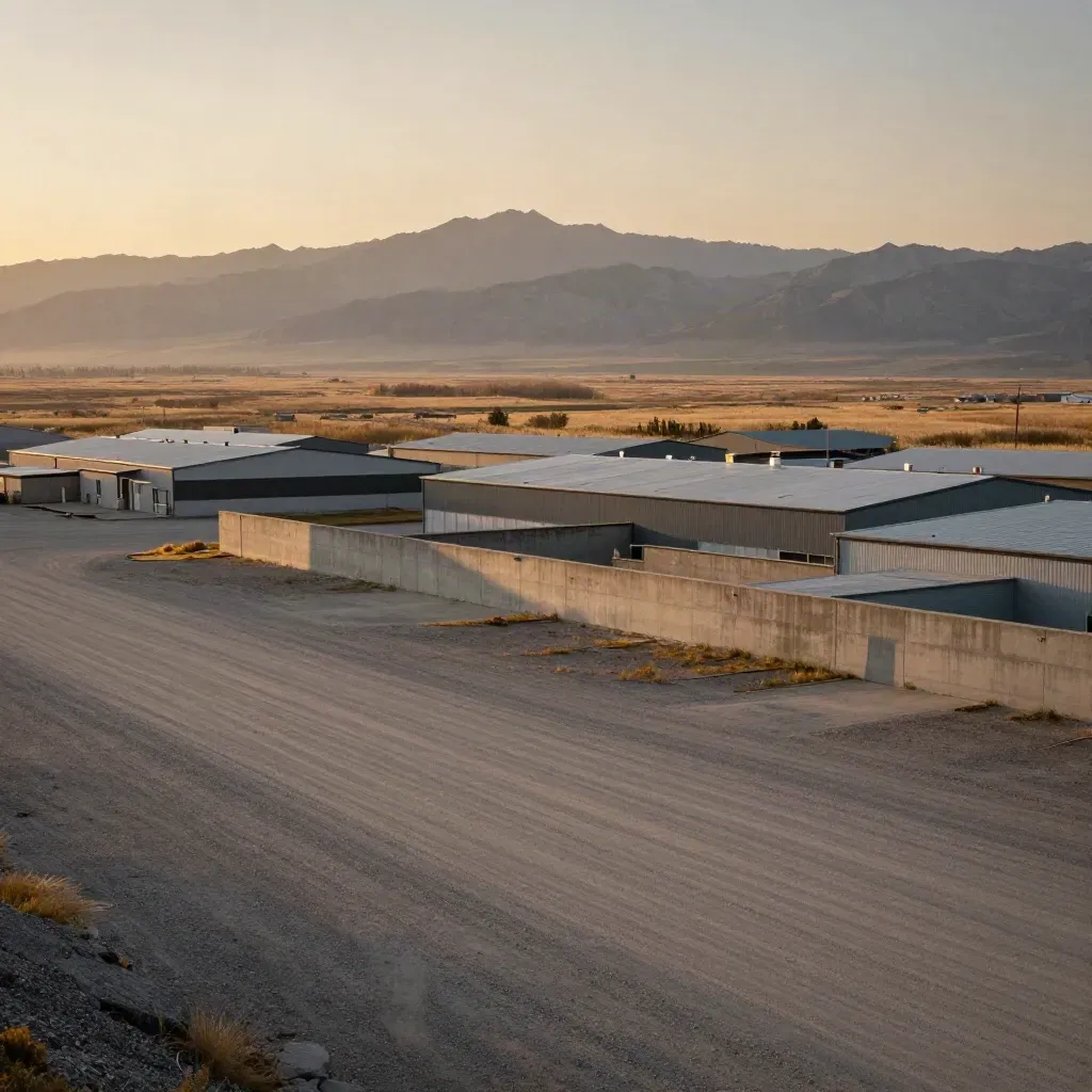 Dusty Western Canada city edge with low roofs, concrete foreground and distant mountains at sunset.