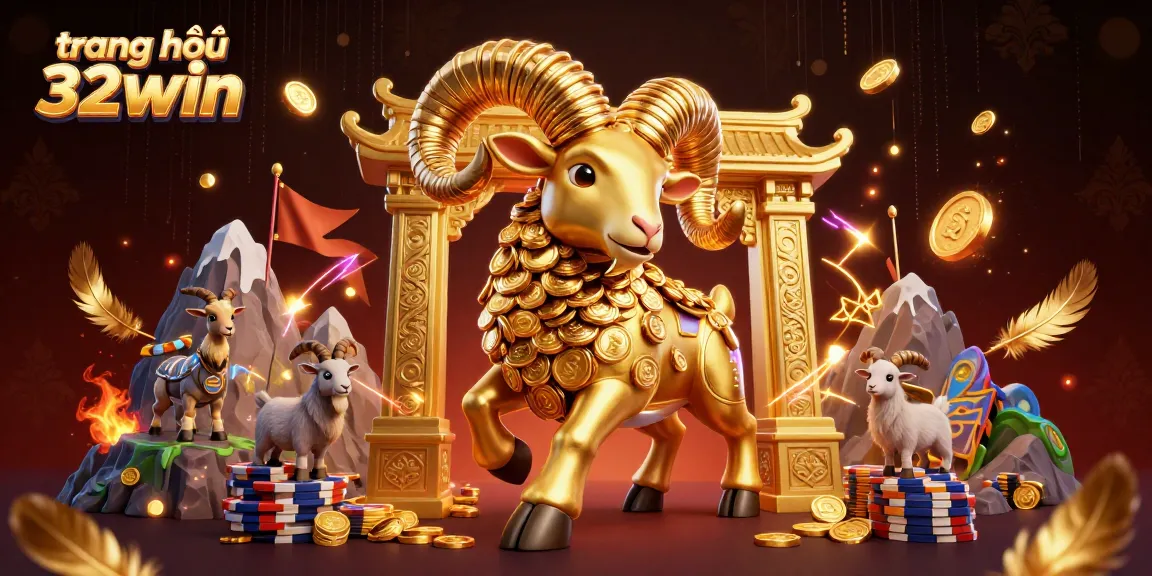 Experience the thrill of 32win's vibrant casino atmosphere with a magnificent golden ram charging through a golden gate.