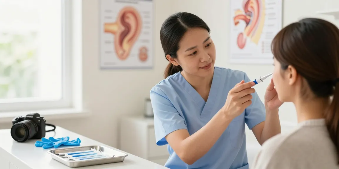 Healthcare professional using an ear syringe to demonstrate ear cleaning procedures in a clinic setting.