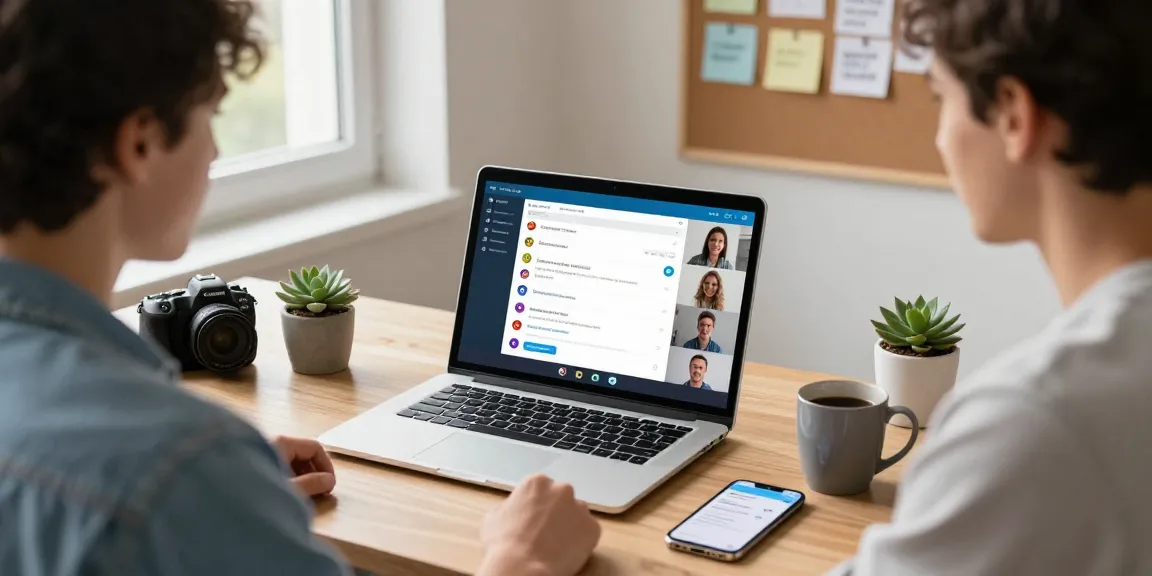 Engaged user accessing Telegram Web Version on laptop, showcasing a modern workspace with tech gadgets.